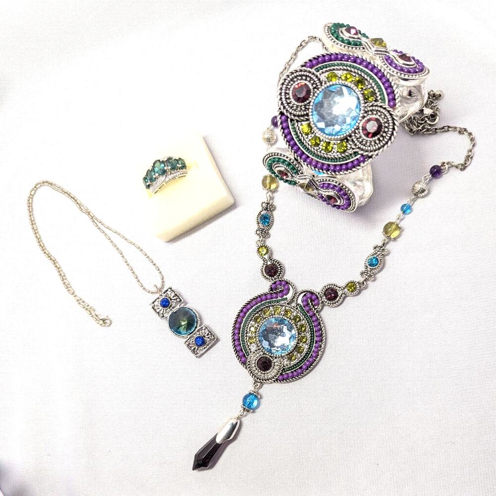 Jewelry Collection Colorful Gemstone Necklace Bracelet & Ring Size 8 Statement